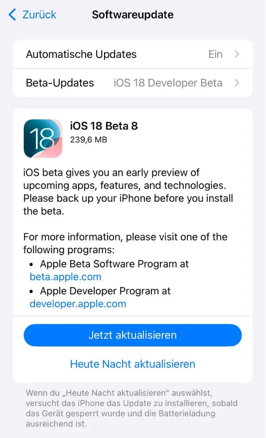 霍城苹果手机维修分享苹果 iOS / iPadOS 18 开发者预览版 Beta 8 发布 